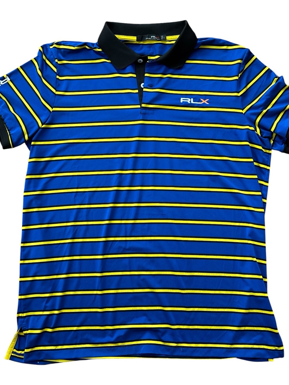 RLX Ralph Lauren Blue Performance Polo with Yellow & Black Stripes Logo L
